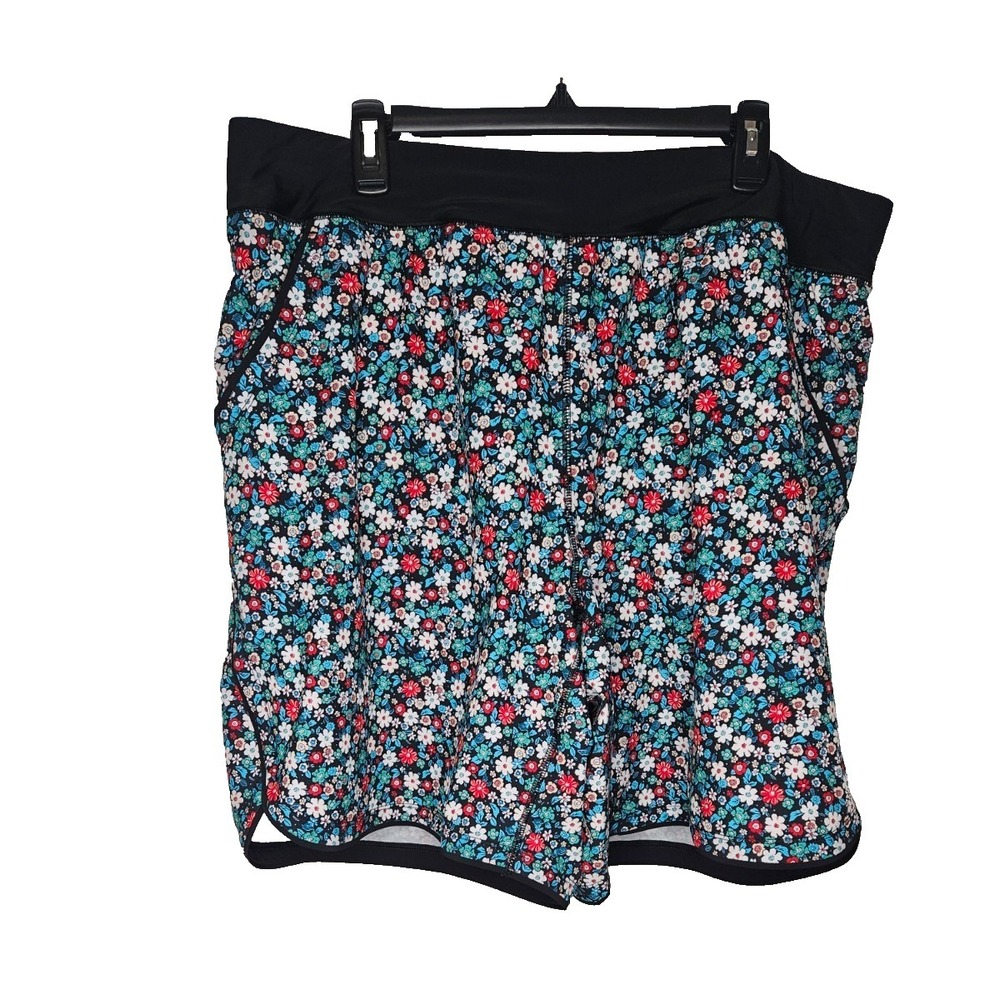 Lands End Floral Swim Short 22W Black‎ Blue Red Stretch Plus Size Womens